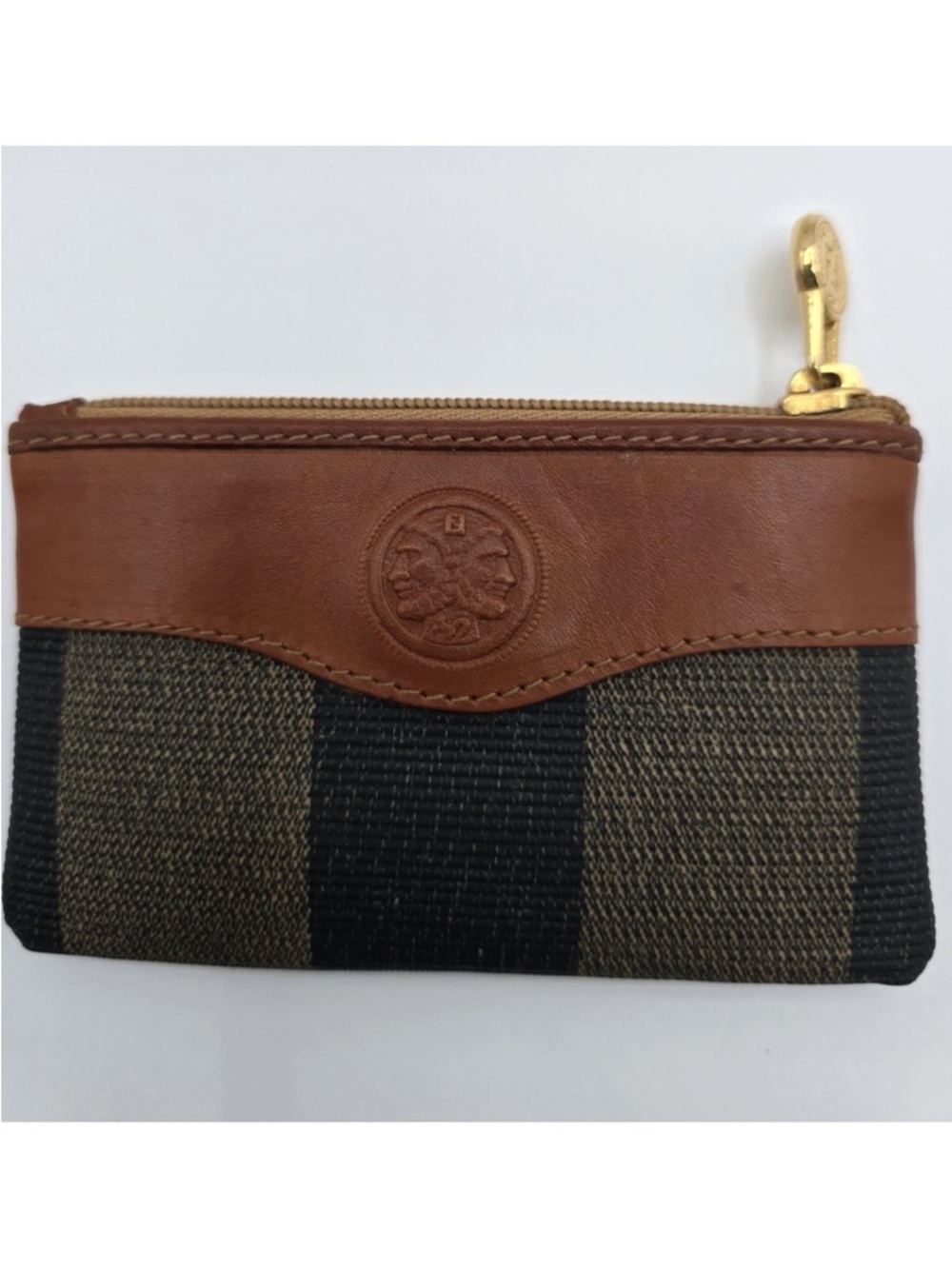 Fendi Pequín Brown Leather Trim Striped Canvas Coin Keys Pouch w/ Gold Hardware - Picture 10 of 11